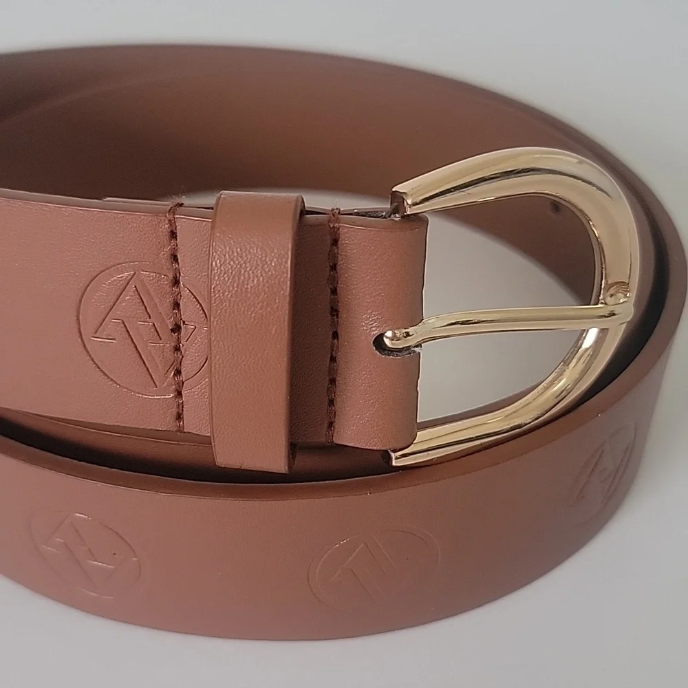 Adrienne Vittadini AV Signature Logo Brown Belt With Polished Gold Buckle L/XL - Picture 2 of 9